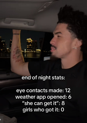 Man riding in the back of a car with the caption:

end of night stats:
eye contacts made: 12
weather app opened: 6
"she can get it": 8
girls who got it: 0