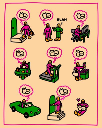 The comic shows different scenes of the daily routine of what is depicted as a normal man. He leaves his home, goes to work, shops for groceries, etc. In every scene he is thinking of his cat as a “loaf”. In the last scene, he finally is back home from his day, with his cat loafing on his lap