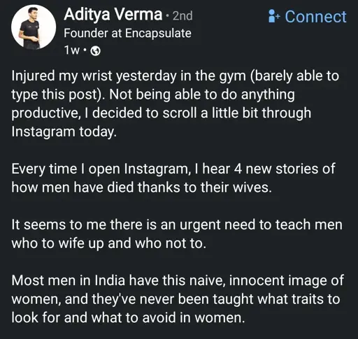 post by "founder at encapsulate" about 4 men dying thanks to their wives, and how there is an urgent need to teach men "who to wife up". Guy continues to say that men think women are innocent.