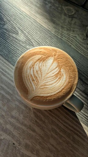 Latte Art, Rosetta Pattern, Low Light, Cyan Cup, Wooden Countertop