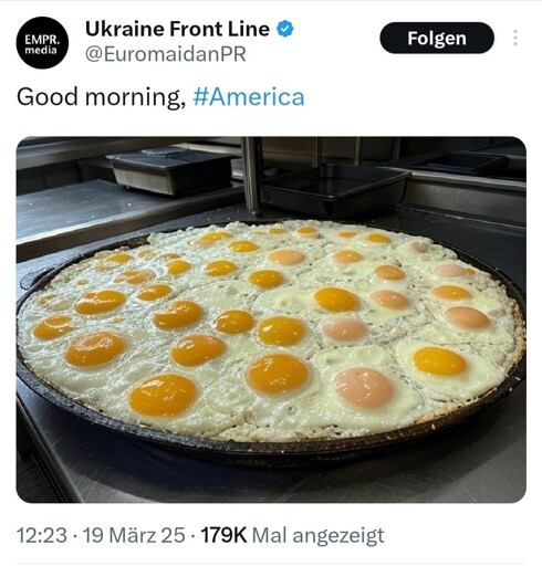 EMPR posting on Twitter, formerly known as X an oversized frying pan filled with sunny side up eggs, wishing America a good morning 