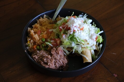 Chicken Flautas, Mexican Rice & Refried Beans