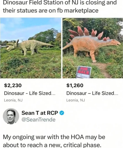 Dinosaur Field Station of NJ is closing and their statues are on fb marketplace. [Images of 'Life Sized' Dinosaurs on FB Marketplace]. Sean T at RCP (@SeanTrende) My ongoing war with the HOA may be about to reach a new, critical phase.