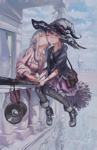 a digital drawing of two anime girls on opposite sides of an outdoor balcony rail; on the right is a witch on a magic broom hovering off the balcony; on the left is an elf girl leaning over the rail and kissing the witch on the cheek