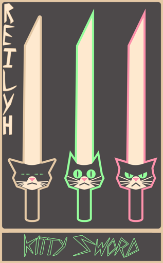 a drawing of 3 kitty swords. The one on the left looks tired and its tip is dull. The one in the middle looks curious, ears up, eyes open wide, pupils sharp, whiskers up, glowing in green. The last one on the right looks angry, frowning, scowling, and glowing in red.