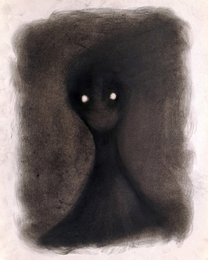 Creepy charcoal drawing of an indistinct figure with a long neck standing in absolute darkness, small bright eyes staring at the viewer.
