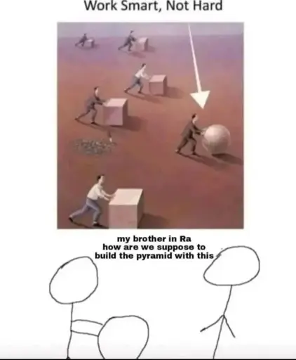 "Work Smart, Not Hard" Picture of people pushing stone cubes. One has turned their cube into a ball and is faster. Below to stick figure. "my brother in Ra how are we suppose to build the pyramid with this"